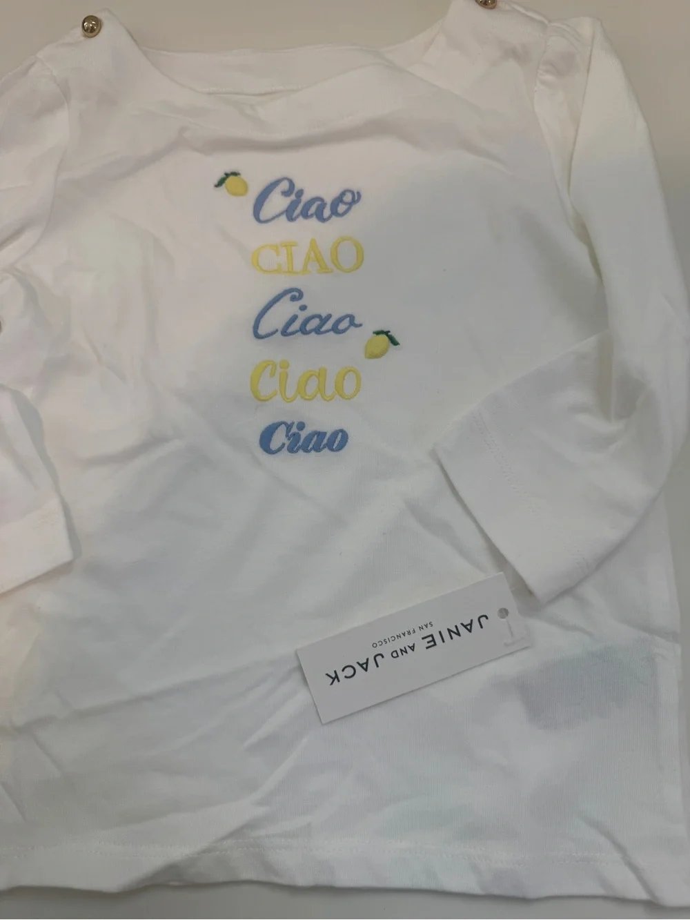 Janie and Jack White Tee with Yellow & Blue 'Ciao' Embroidery